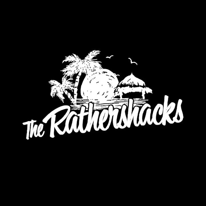 The previous The Rather Shacks logo: a white hand-drawn palms, dune and tiki hut scene above a script wordmark