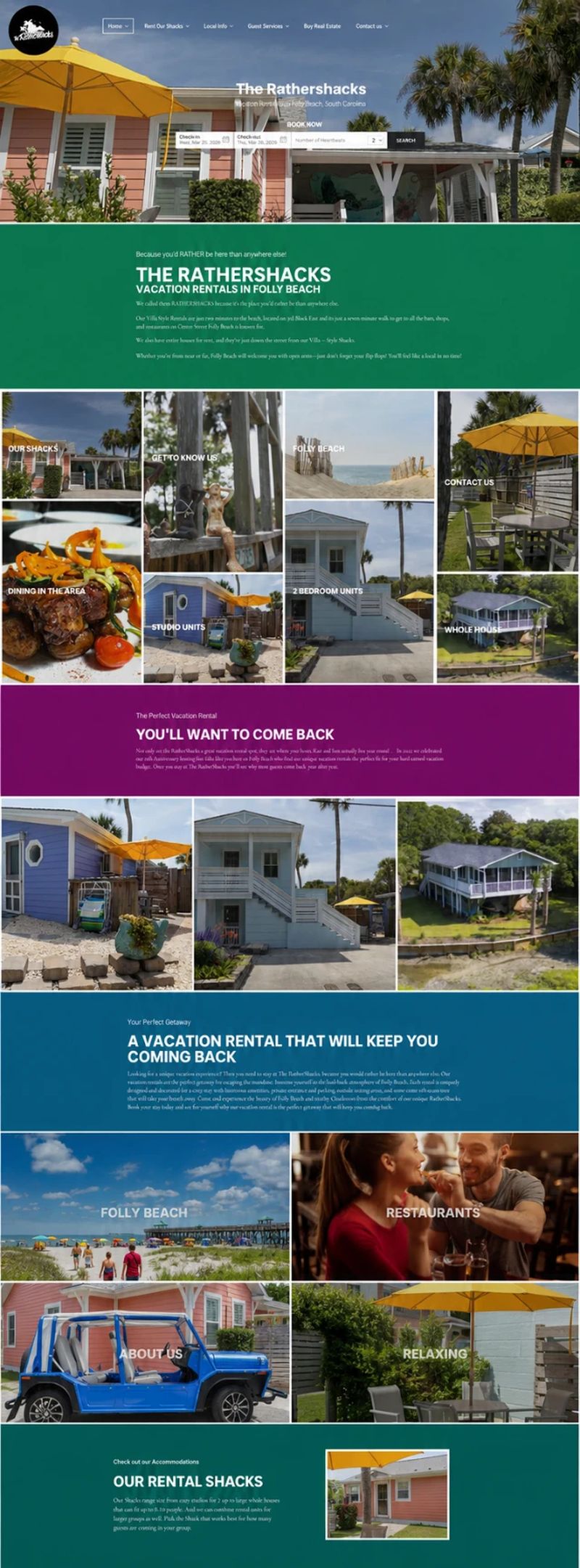 The previous The Rather Shacks website, a long page of colour blocks and photo grids