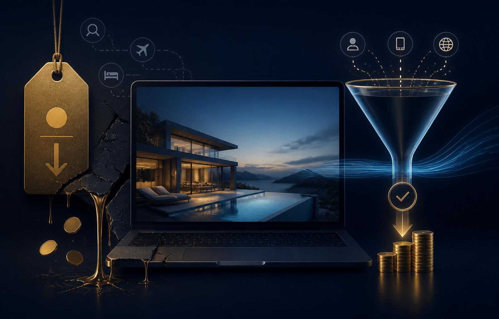 Premium illustration showing how a cheap vacation rental website can lead to lost bookings, weak search visibility, and hidden revenue loss.