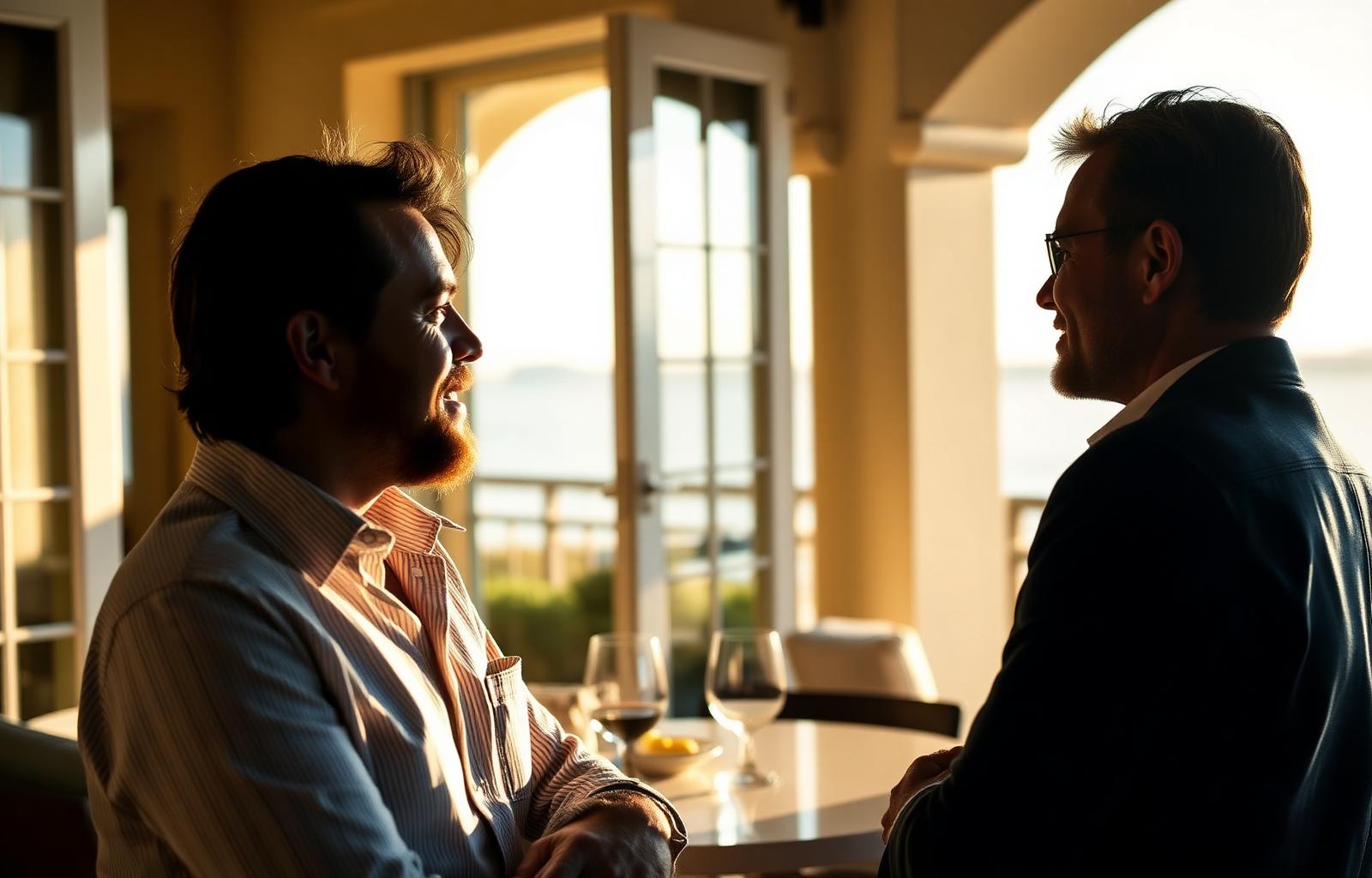 A vacation rental host having a warm, confident conversation with a guest in a sunlit coastal villa.