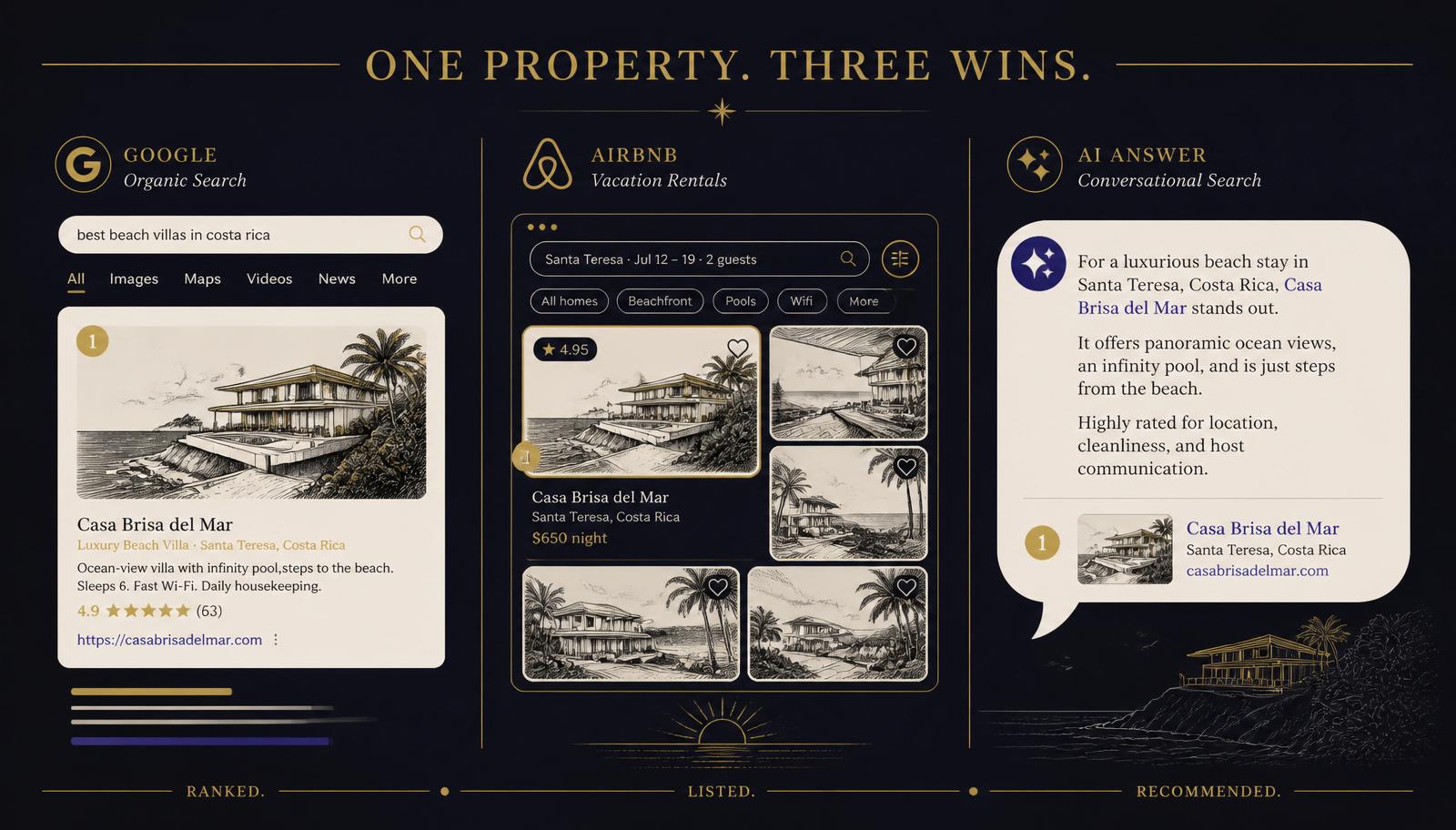 Vacation rental SEO in 2026 across three fronts — ranking on Google, inside Airbnb's algorithm, and cited by AI answer engines.