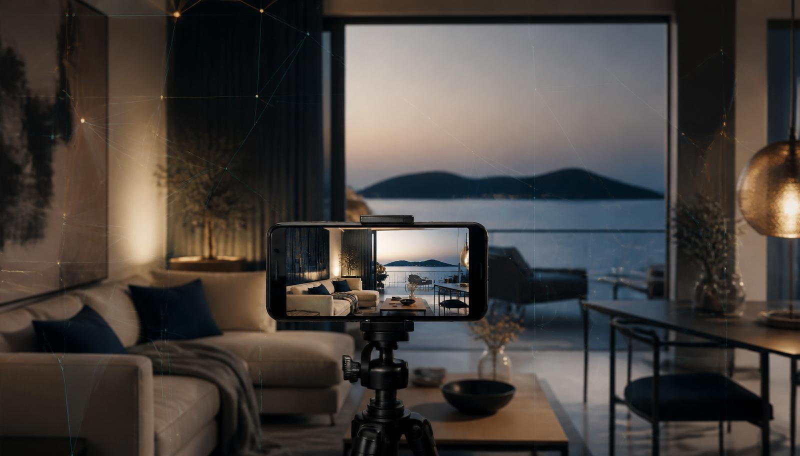 A phone on a tripod filming a staged vacation rental interior with faint data-network lines overlaid, representing AI-assisted content creation in 2026.