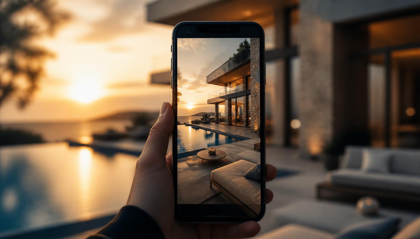 A phone filming a vertical video of a luxury vacation rental villa and pool at golden hour — social media marketing for vacation rentals in 2026.