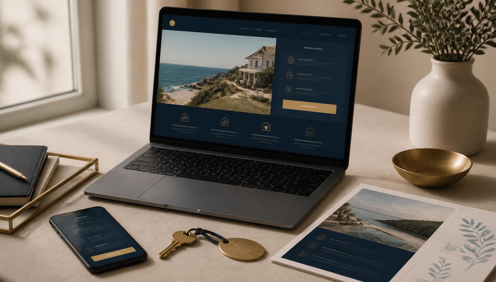 A laptop showing a vacation rental direct-booking website beside a phone, brass key and printed guest guide, representing social audiences converting into direct bookings.