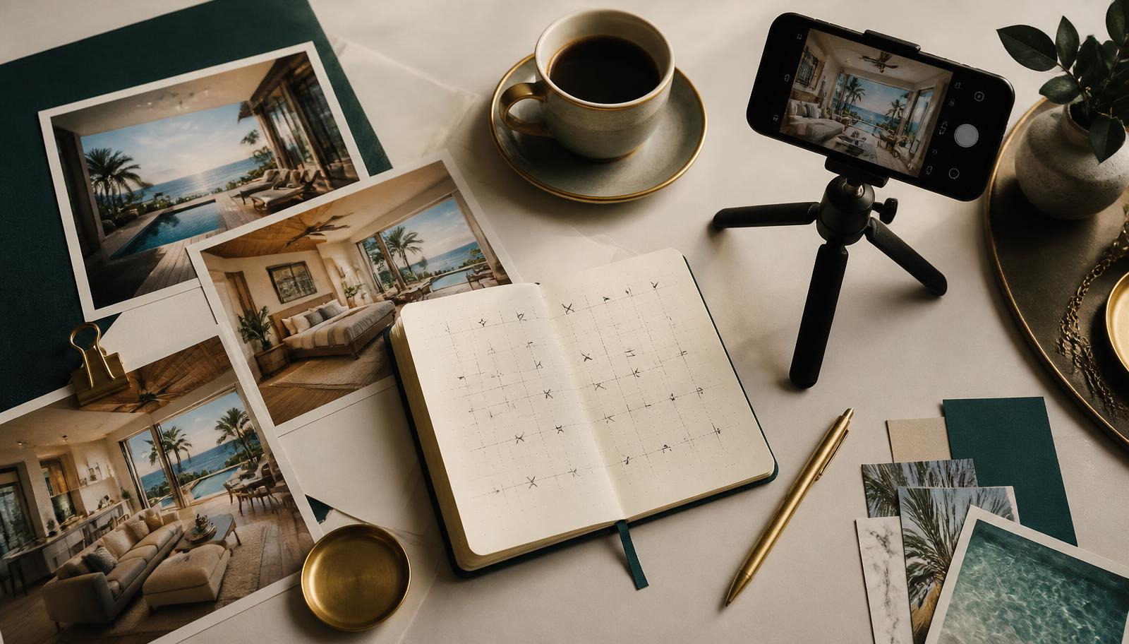 A vacation rental content planning desk with printed property photos, a content calendar notebook and a phone on a tripod, representing 23 social media content strategies.
