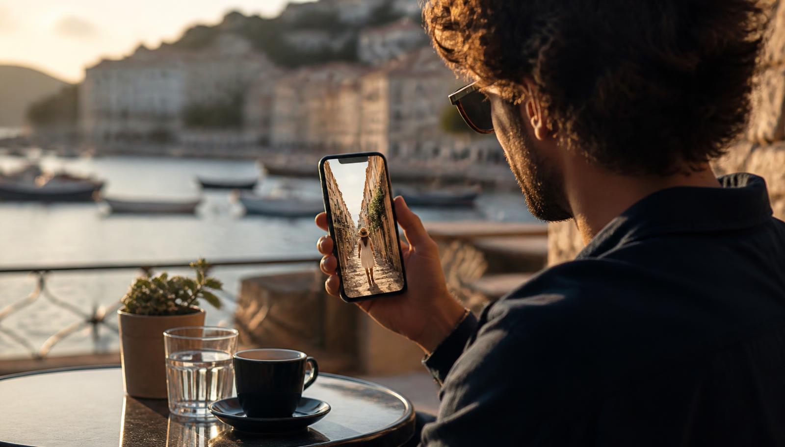 A traveler at a coastal cafe watching a short-form vertical destination video on a phone, illustrating where vacation rental guests discover places in 2026.