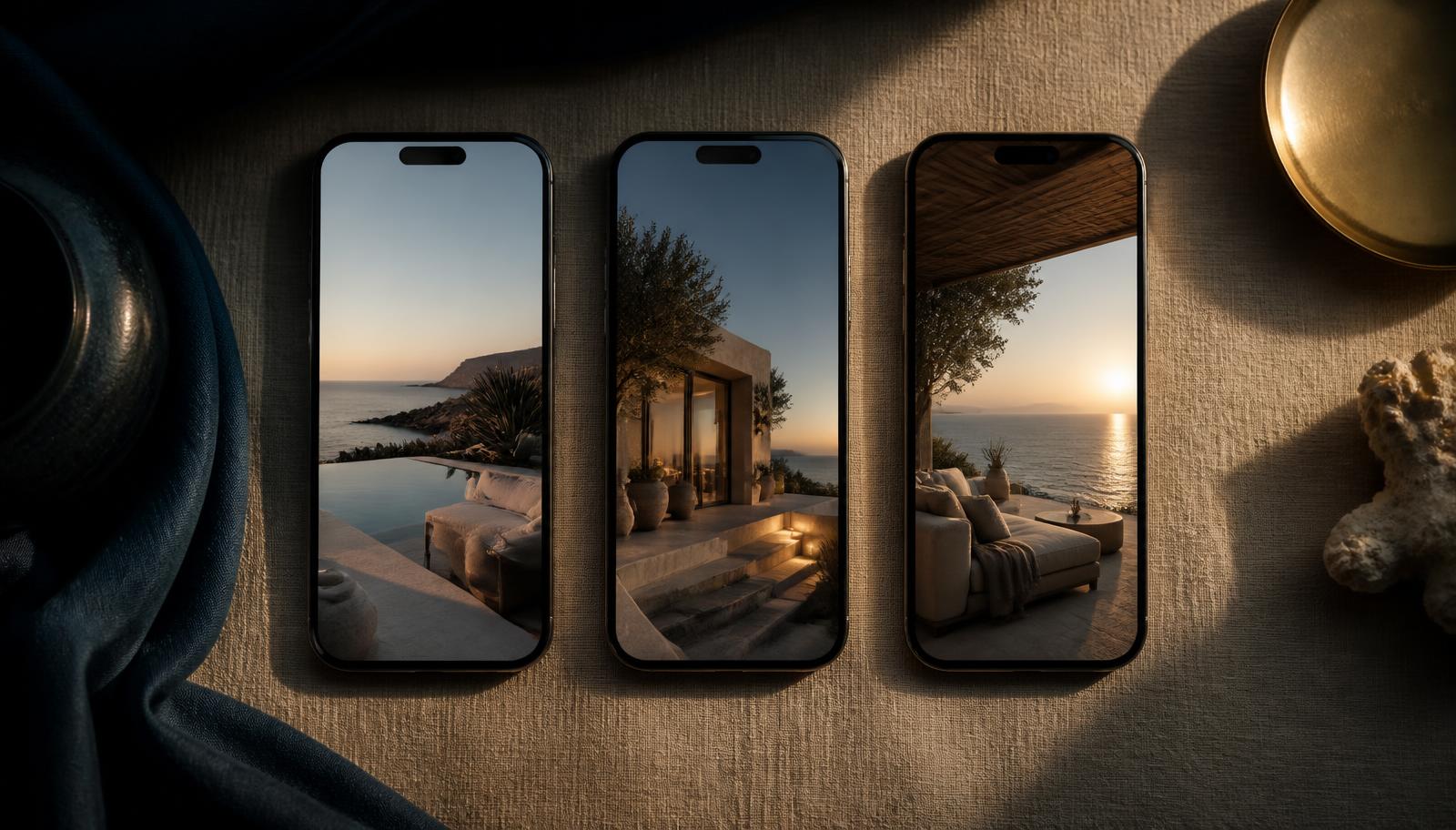 Three phones showing vertical video clips of a coastal vacation rental, illustrating the short-form video shift in vacation rental social media.