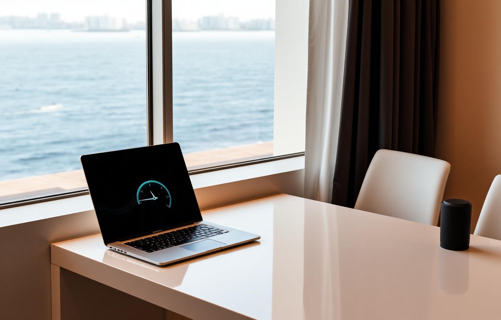 A fast, minimal laptop on a clean desk beside a window with an ocean view, suggesting website speed and clarity.