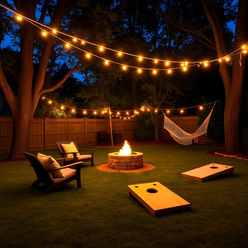 A vacation rental backyard at dusk turned into a living space \u2014 warm string lights overhead, a fire pit with cozy chairs, a hammock, and a cornhole board on the grass.