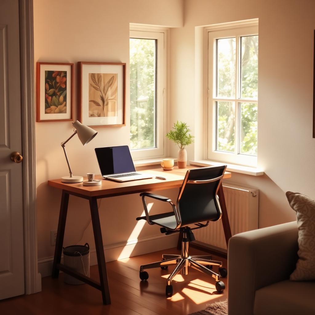 A compact remote-work nook inside a vacation rental \u2014 wooden desk, ergonomic chair, laptop, warm lamp, and a sunlit window overlooking greenery.