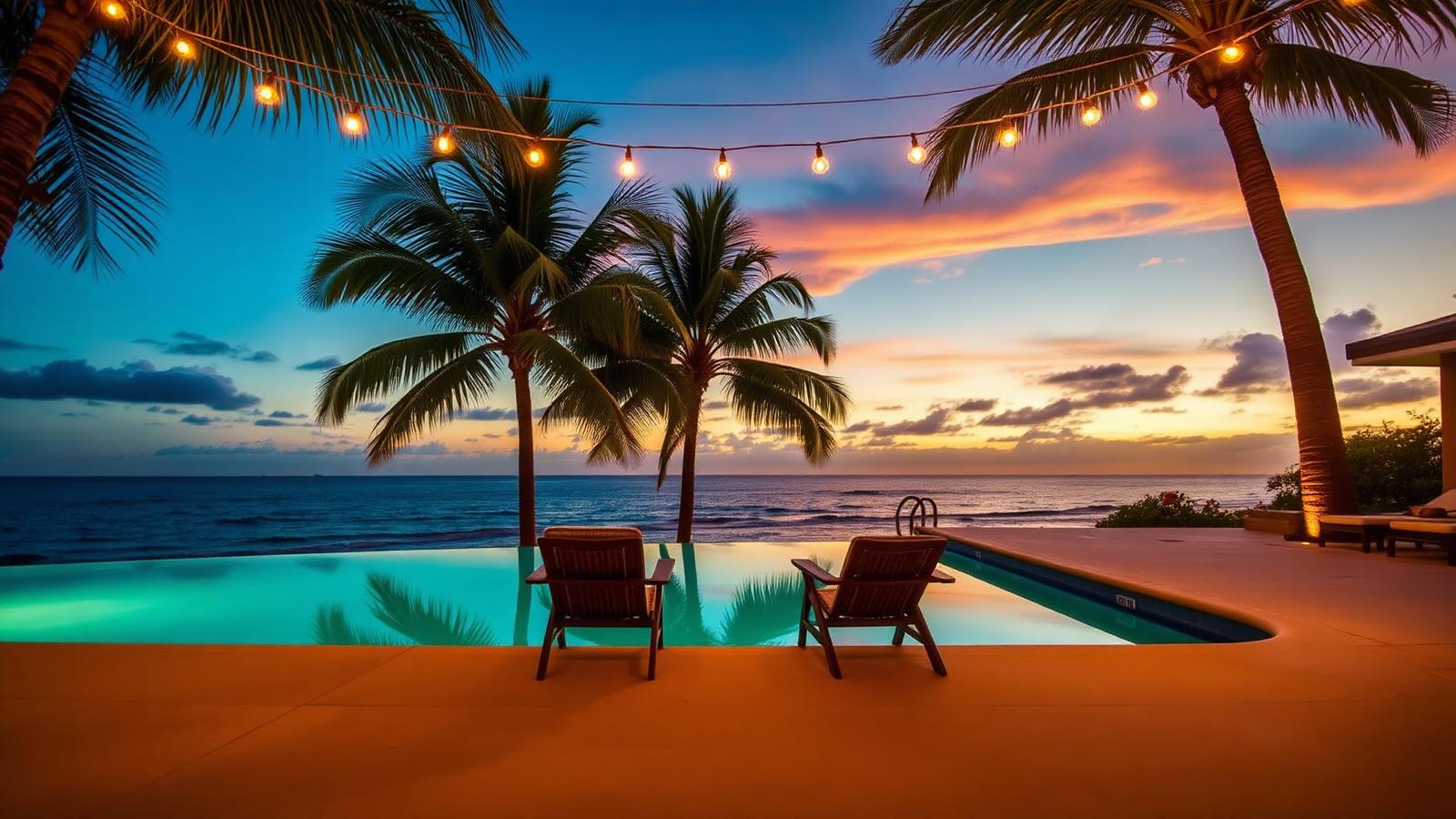 A vacation rental lead photo at sunset \u2014 a private oceanfront pool framed by palm trees with warm string lights overhead and two lounge chairs facing the water.