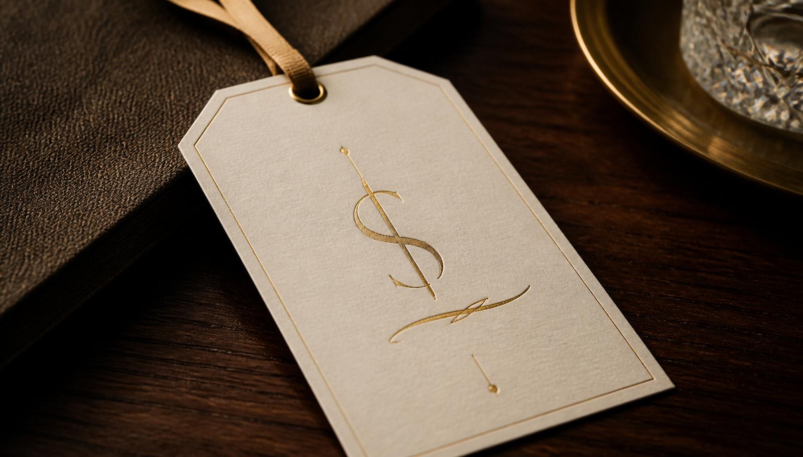 Close-up of an elegant ivory price tag with a champagne-gold dollar sign, resting on a dark walnut surface \u2014 a metaphor for pricing psychology and the left-digit effect.