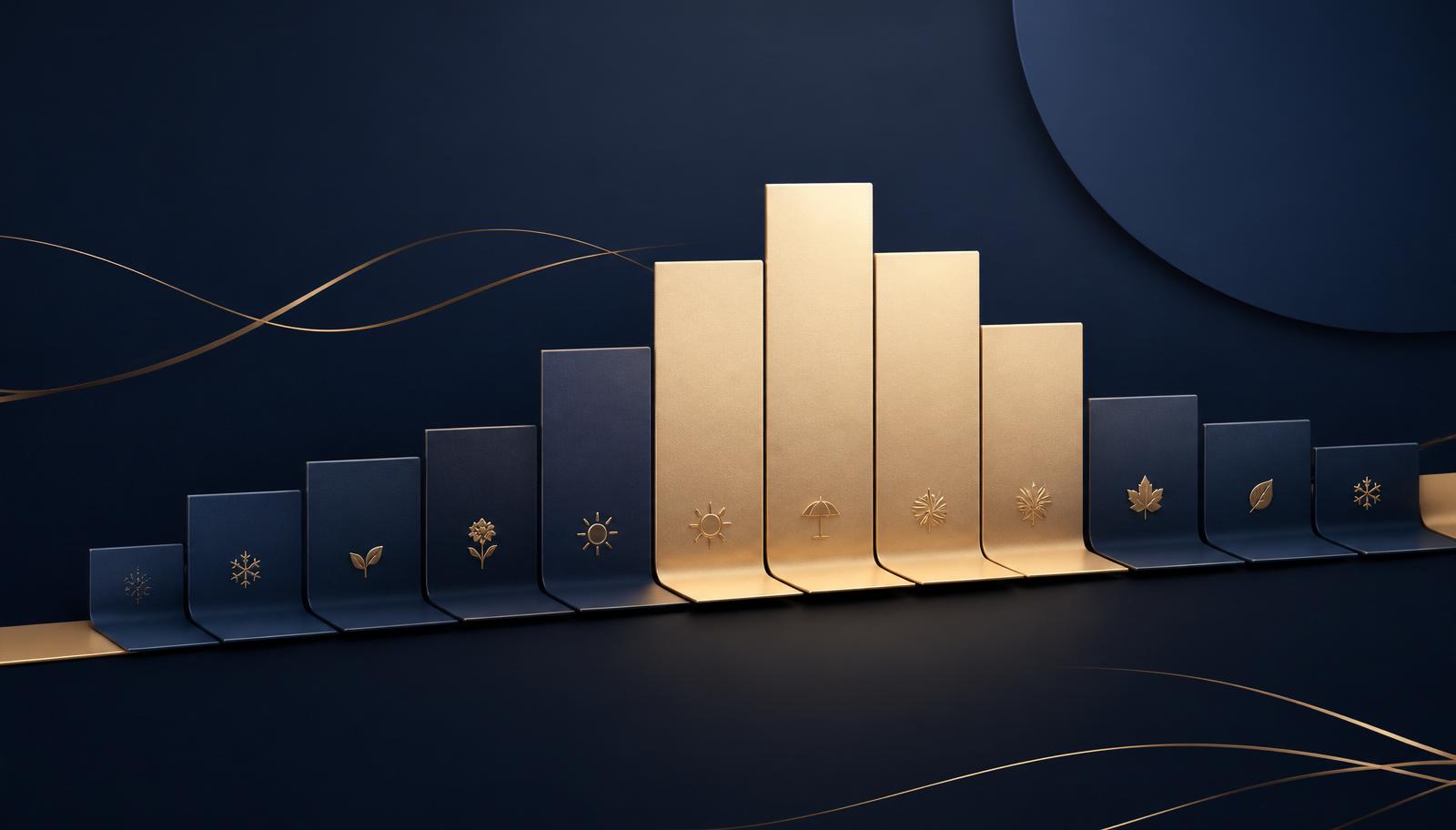 Editorial illustration of seasonal vacation rental pricing \u2014 twelve calendar tiles rising and falling from low to peak season in champagne gold and midnight navy.