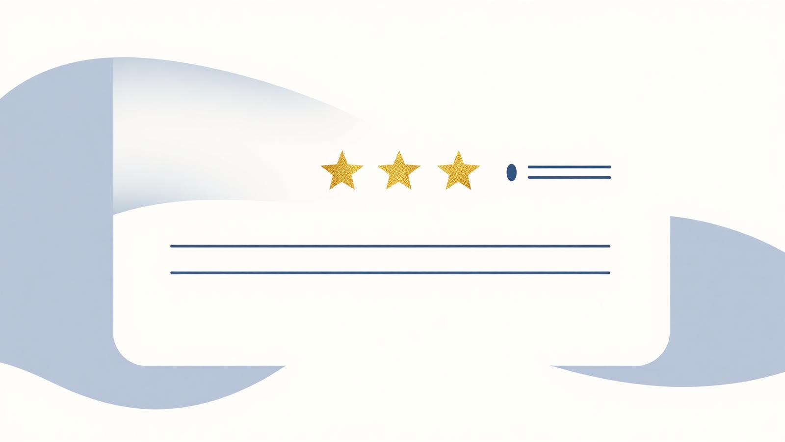 Editorial illustration of a calm, professional public response to a guest review, rendered as an abstract reply card in champagne gold and midnight navy on warm ivory.