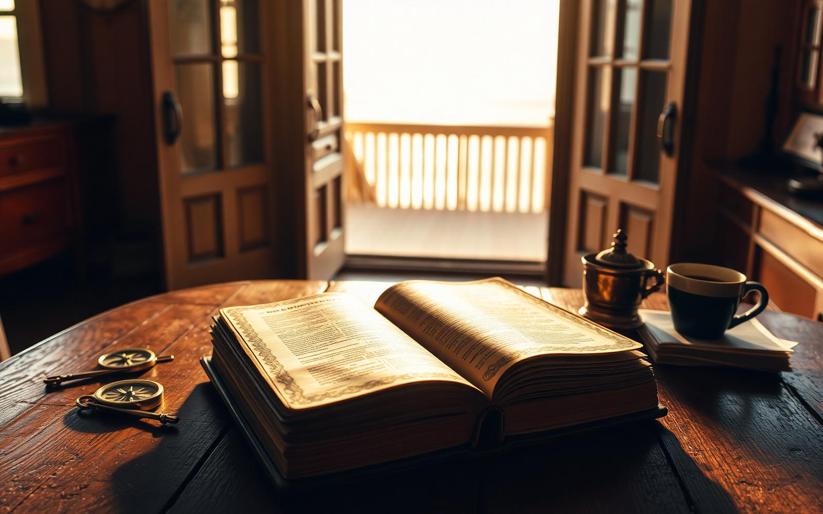 Editorial photograph of a vintage leather-bound journal open on a rustic wooden table in a sunlit vacation rental, warm golden hour light spilling through open French doors that frame a distant ocean view — the storyteller's mood board.