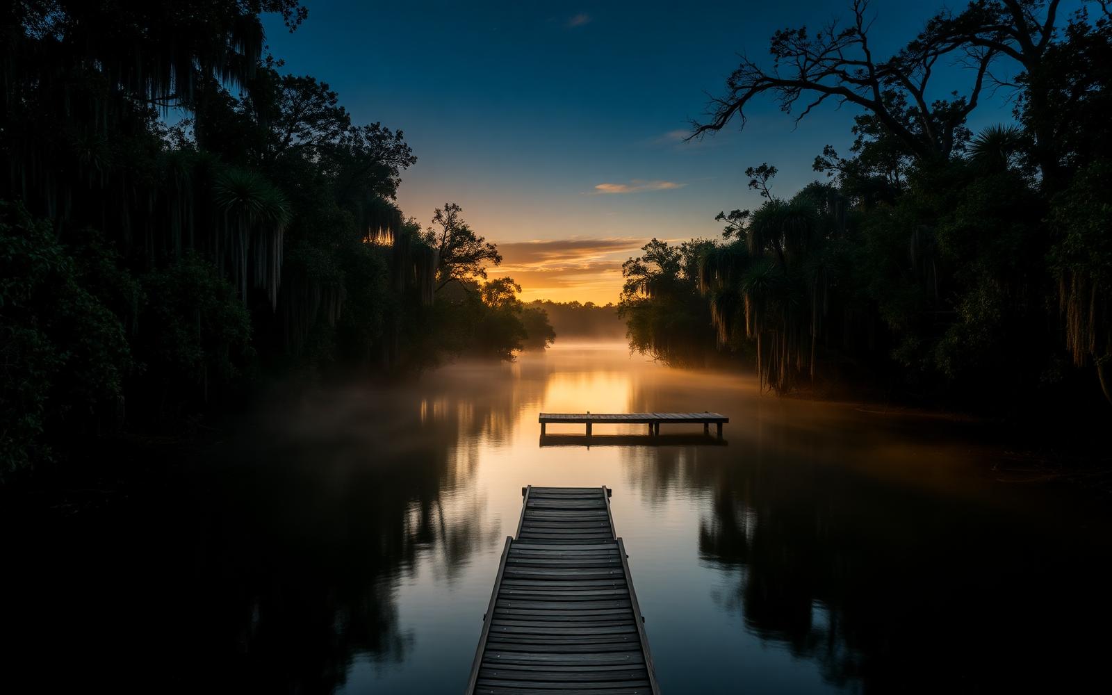 Cinematic photograph of a wild Florida river at golden hour — dark tannin water winding through cypress trees and Spanish moss, a small wooden dock disappearing into the mist, the kind of untold local place a location story is built on.