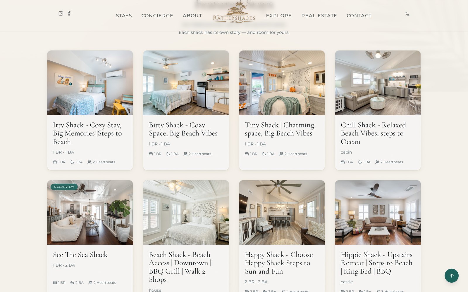 Property listing pages on the rebuilt The Rather Shacks website, each served from the client's own domain